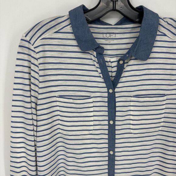 3/$25 LOFT Striped Polo Top MP Button Down Chambray White - Picture 4 of 8